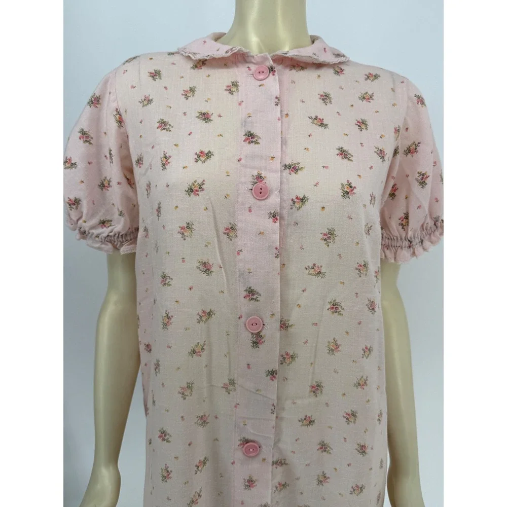 Vintage 1950s‎ Handmade Pink Floral Cotton Puff Sleeve House Robe Semi Sheer